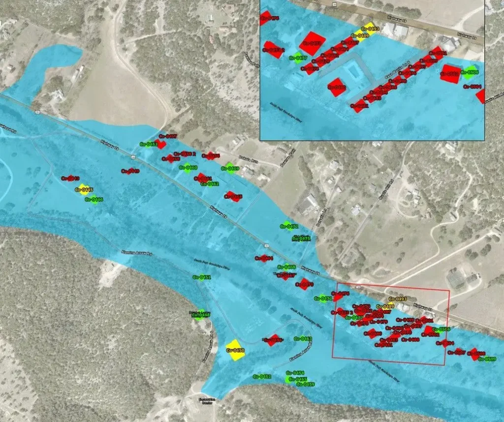 Texas Hill Country NFIP substantial damage map along the North Fork Guadalupe River with color-coded property evaluation markers.