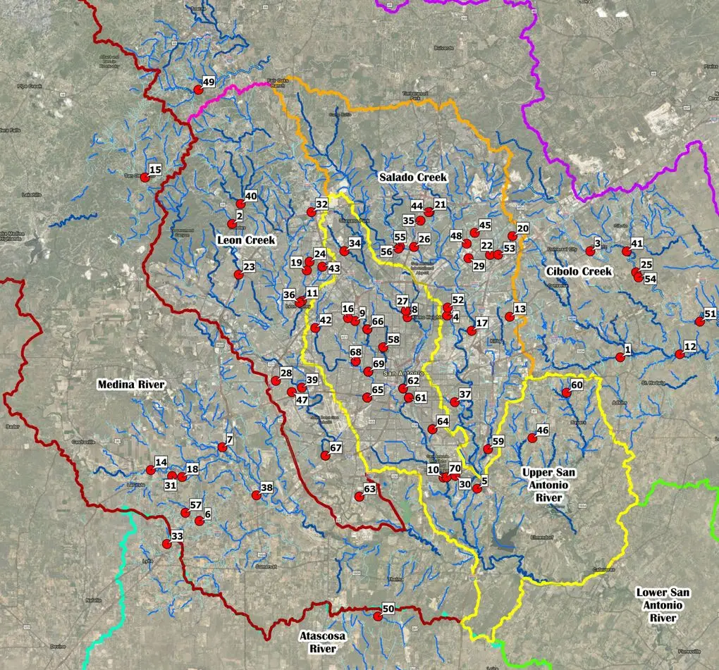 San Antonio NextGen flood early warning map showing watersheds and 70 monitoring gages for program planning and benefit-cost analysis.