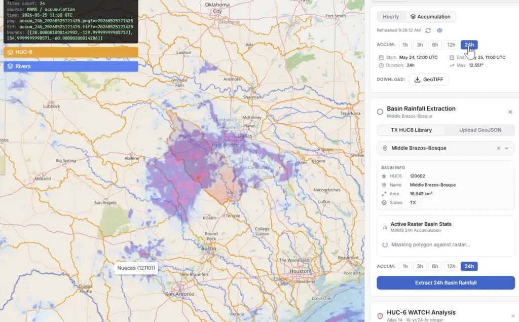 Flood Signal Flood Intelligence Platform dashboard showing 24-hour rainfall accumulation across Texas and Middle Brazos-Bosque basin analysis.
