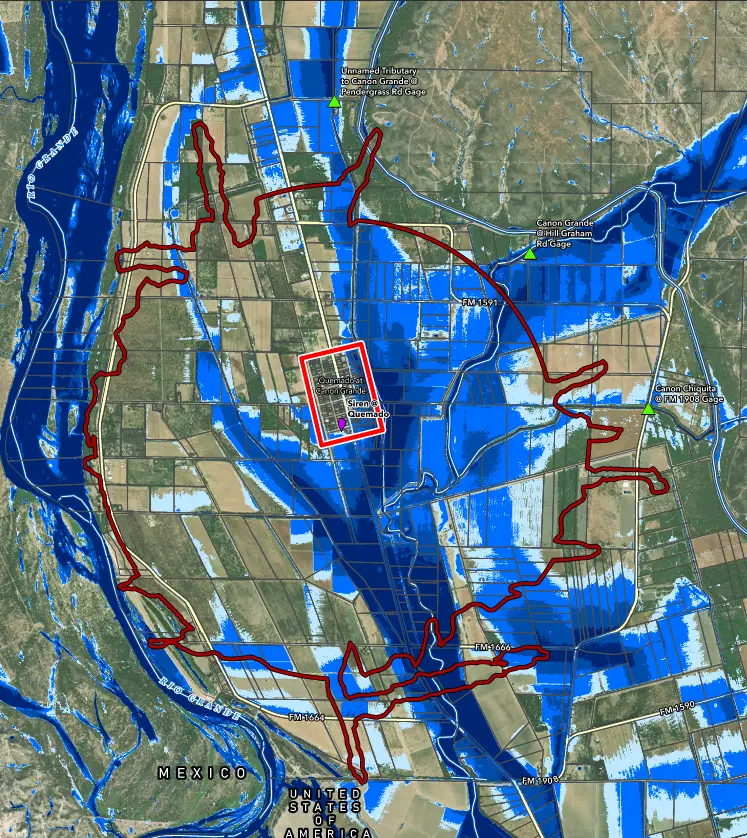 SB3 Flood Early Warning System Master Plan map showing flood inundation, stream gages, and a siren at Quemado along the Rio Grande.